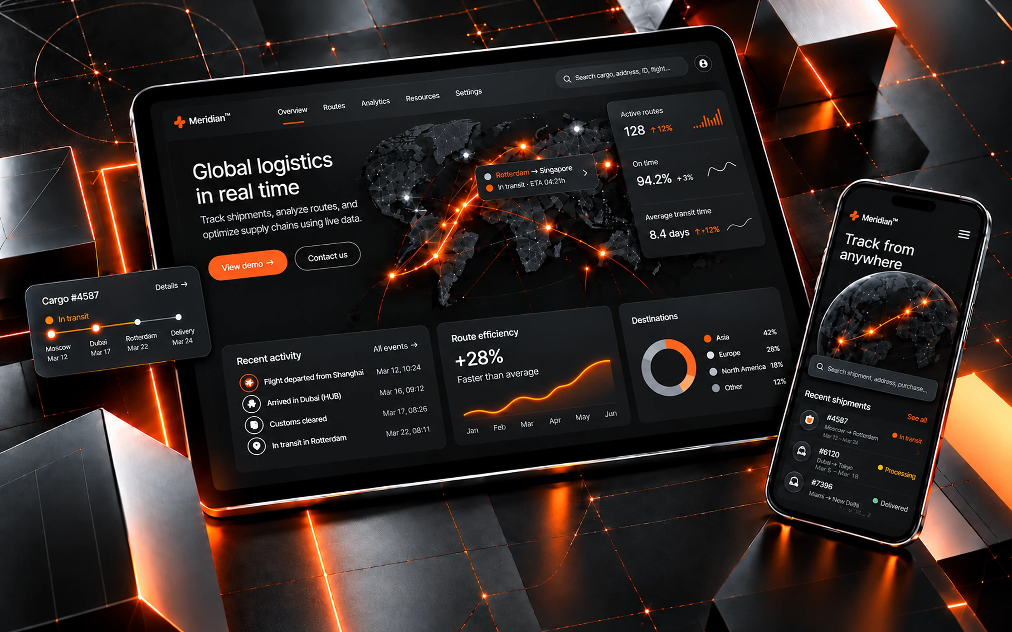 Концепт Meridian: дашборд логистики на планшете и приложение для отслеживания на телефоне