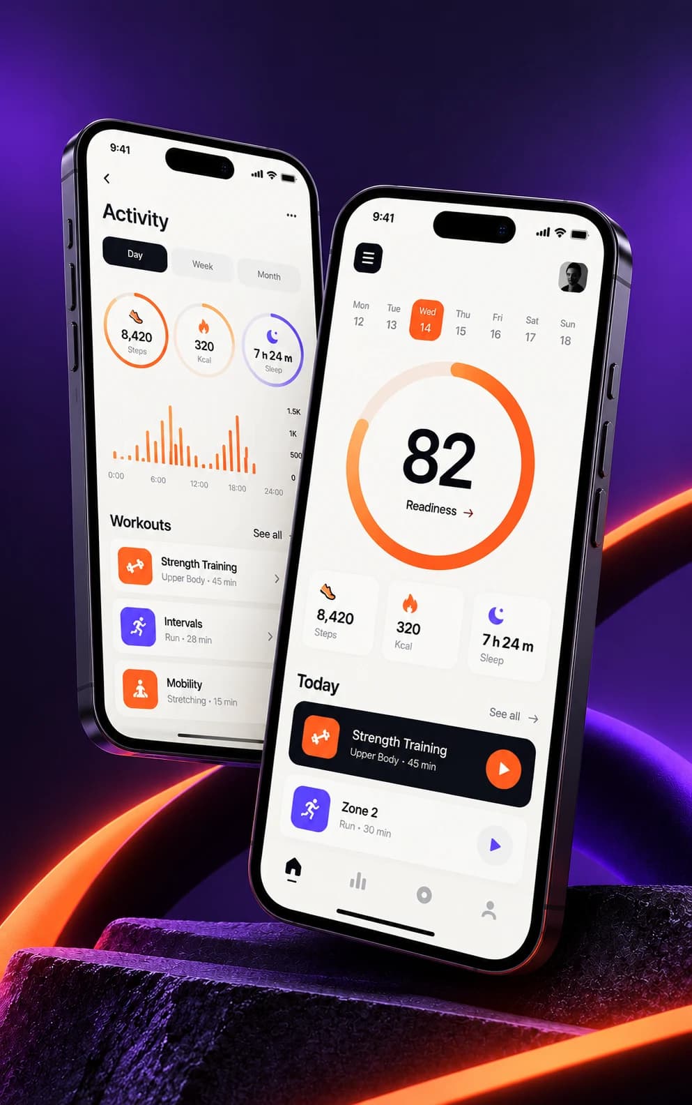 Tempo concept: two app screens, daily readiness and activity